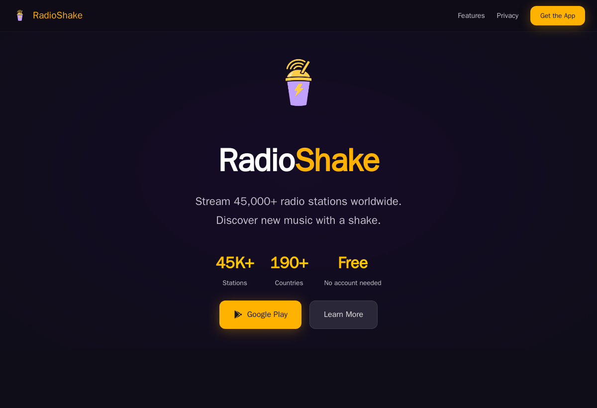 RadioShake landing page: Stream 45,000+ radio stations worldwide, discover new music with a shake.